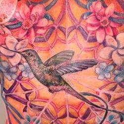 Tattoos - Pirkkos Hummingbird in cosmic garden back piece  - 77576