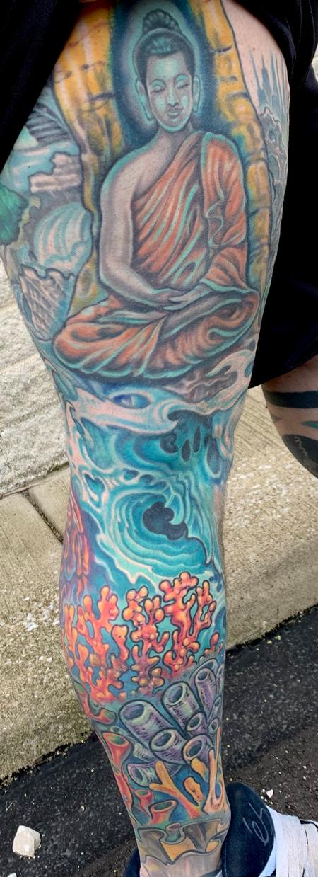 Phil Robertson - Tranquil Buddha and underwater coral tattoo