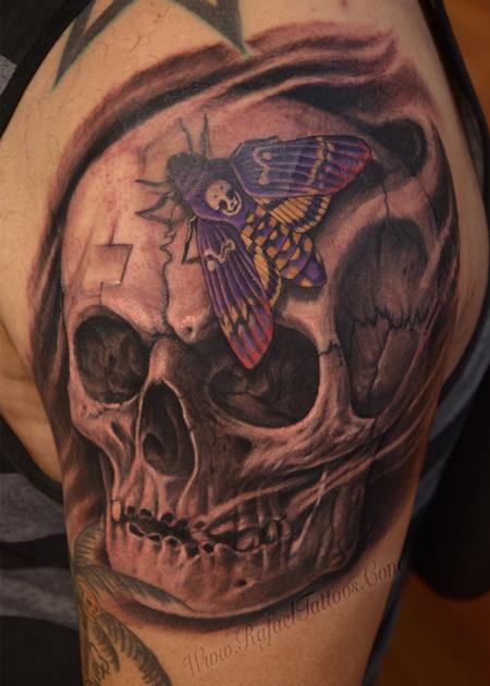 Tattoos - Black and grey weathered skull with purple moth tattoo - 139920