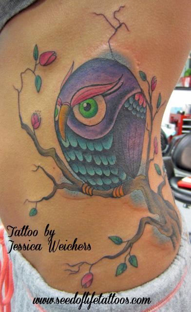 Tattoos - Cute Owl coverup on side - 90074