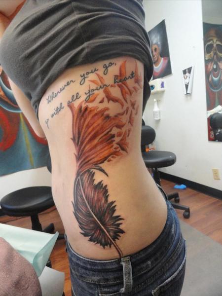 Tattoos - Custom feather tattoo with script - 77773