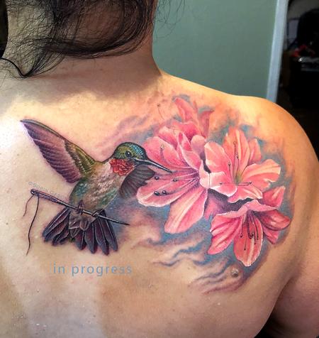 Tattoos - Realistic color humming bird, flower, and sewing needle tattoo - 143996