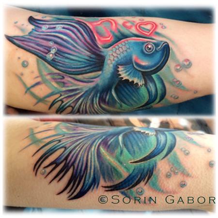 Tattoos - Realistic feminine color beta fish memorial tattoo - 104751