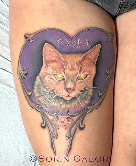 Sorin Gabor - realistic color cat portrait memorial tattoo with frame embellishments and skull