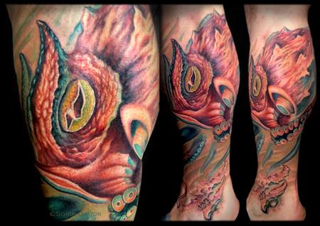 Sorin Gabor - realistic color octopus puffer fish and bio sealife leg sleeve tattoo