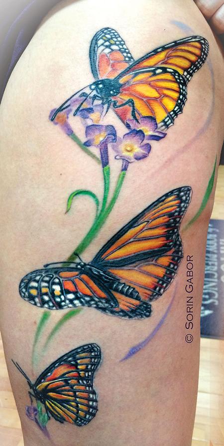 Tattoos - Realistic color monarch butterfly tattoo on thigh - 93754