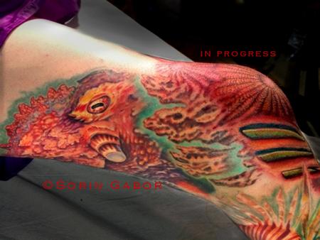 Tattoos - Red bio organic and realistic octopus and sealife tattoo leg sleeve - 120434