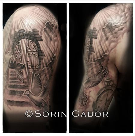 Sorin Gabor - Realistic black and gray doves, gate, rays, and clouds tattoo