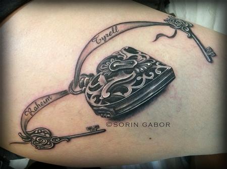 Tattoos - Realistic black and gray locket and keys tattoo - 120431