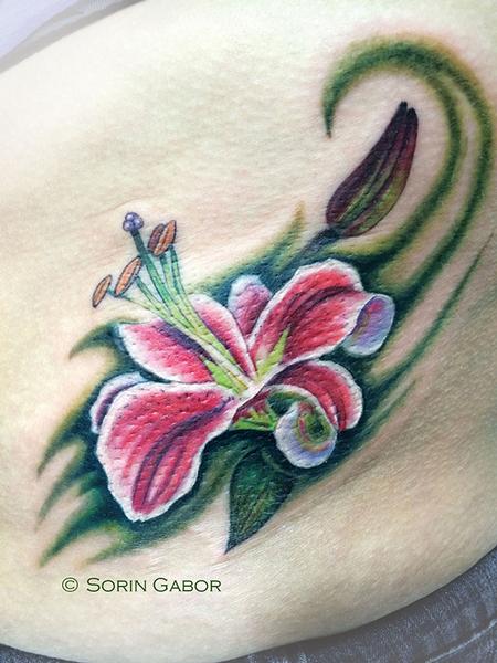 Tattoos - Stargazer Lily tattoo on ribs - 93690
