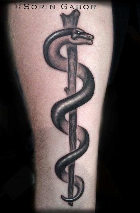 Sorin Gabor - Illustrative black and gray caduceus snake and staff tatto