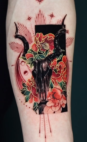 Tattoos - Goat Skull Flower Tattoo - 144207