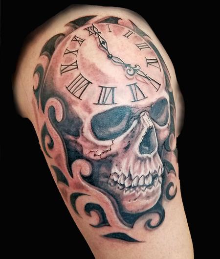Tattoos - Black and Grey Skull with Clock - 130786