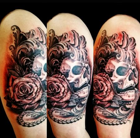Tattoos - Black and Grey Skull With Rose and Beads - 130787