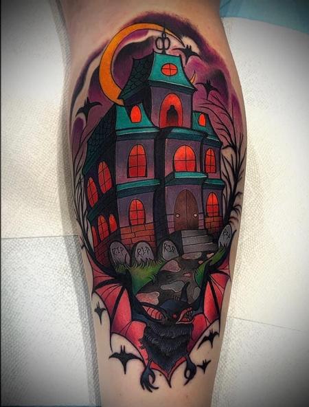 Tattoos - Haunted house with bat - 144874