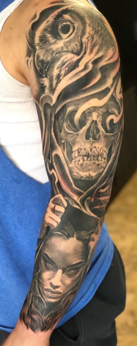 Tattoos - Portrait Skull and Owl Sleeve Tattoo - 134797