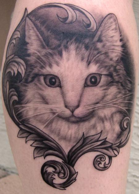 Tattoos - Black and Gray Cat with Filigree - 56783