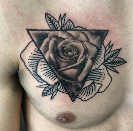 Mike Franco - Blackwork and Realistic Rose Chest Tattoo